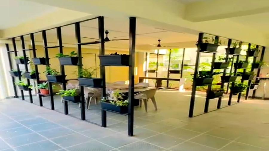 Beautiful dining area with plant wall